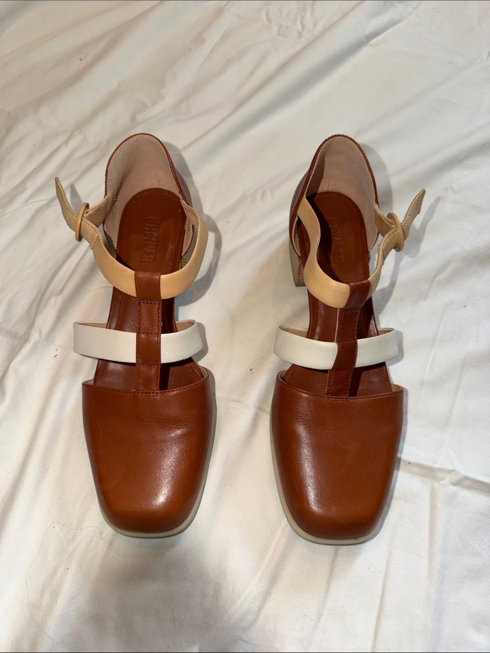 Camper Brown Leather Block Heel Sandals with Cream and Tan Straps